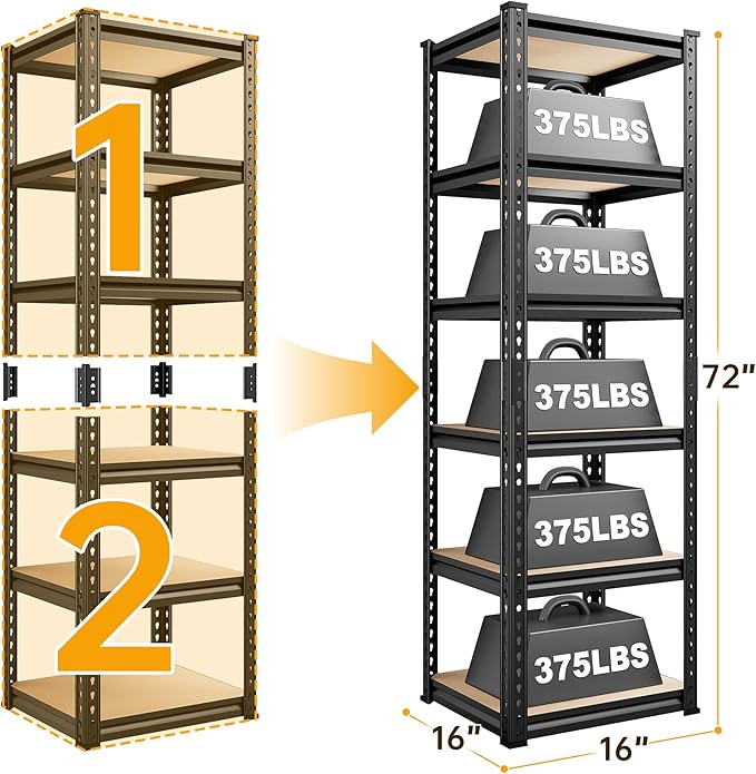 REIBII Storage Shelves 6 Tier Garage Shelving, Adjustable Shelving Units Loads 2250LBS, Narrow Shelves Units and Storage for Kitchen, Pantry, Garage, Closet, Basement, 16" W x 16" D x 72" H