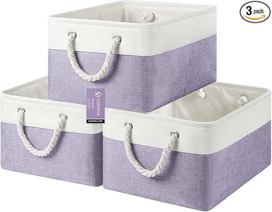 Large Storage Baskets- 15.7x11.8x8.26 inch Storage Bins for Shelves and Closet Organizing, Foldable Fabric Bin for Home Organization Clothes and Laundry (3-Pack, White&Purple)
