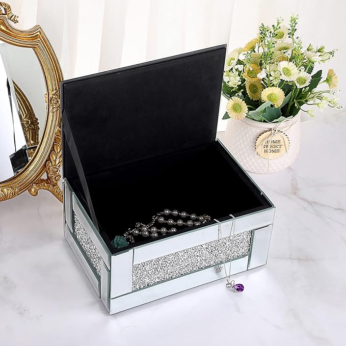 Hipiwe Glass Mirrored Jewelry Box with Crushed Diamond Decor, Trinket Organizer Box Luxury Rings Earrings Necklace Storage Keepsake Box Treasure Chest Case, Silver Large Size