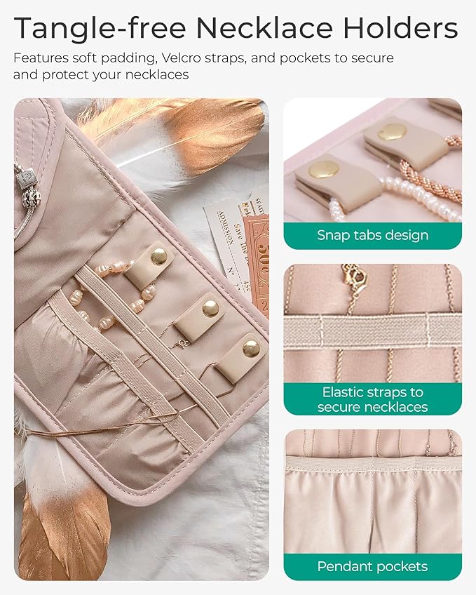 BAGSMART Travel Jewelry Organizer Case Foldable Small Jewelry Roll for Journey Rings, Necklaces, Earrings, Bracelets,Mini,Soft Pink (Pack of 2)