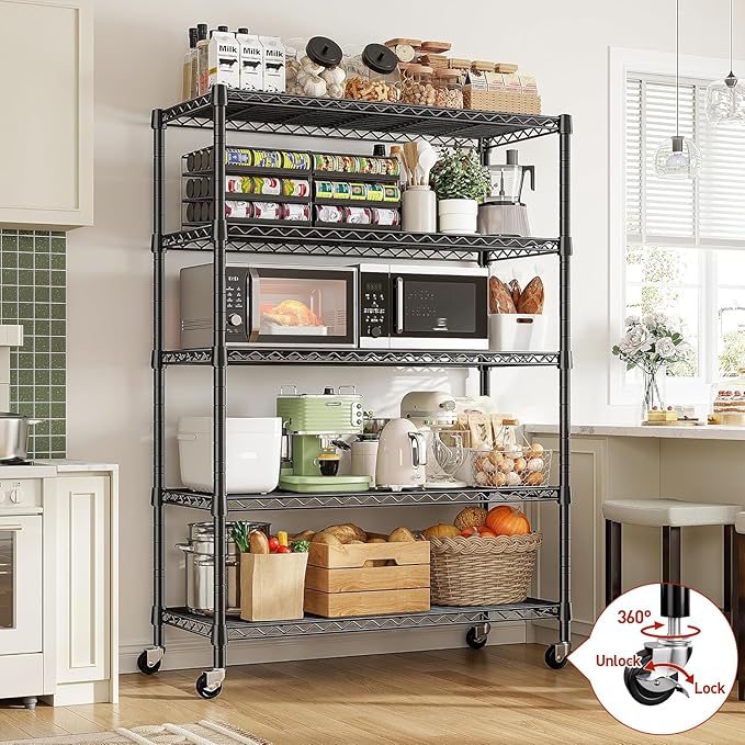 REIBII 73''H Storage Shelves 1660LBS Wire Shelving Unit with Wheels 5 Tier Metal Shelving,Heavy Duty Metal Shelves for Storage Rack,Commercial Industrial for Garage Kitchen 73''HX35''WX15''D,Black