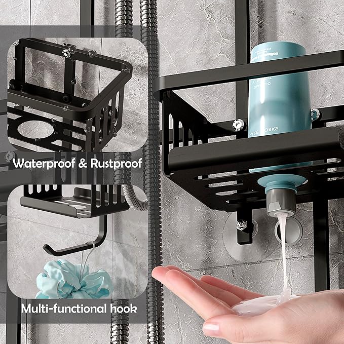 Aluminum Shower Caddy Hanging for Handheld Showerheads, Never Rust Shower Organizer with Hooks Holder Toothbrush Holder，Over Showerhead Caddy for Bathroom, Black