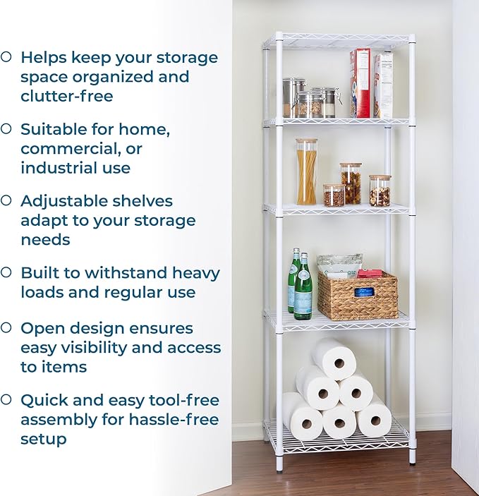 Honey-Can-Do 5-Tier Heavy Duty Adjustable Shelving Unit, 250-lb Per Shelf NSF Certified Metal Storage Rack, White Wire Shelf for Laundry Kitchen Pantry, 24 x 18 x 72 in