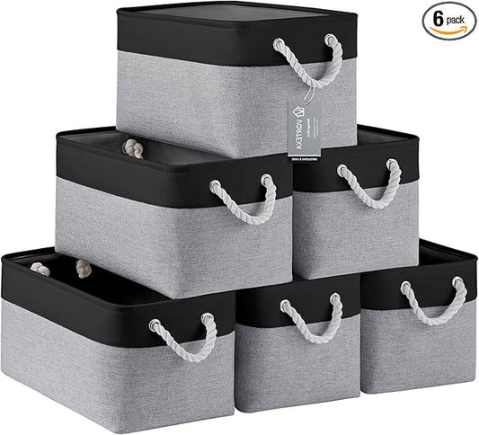 Large Storage Baskets- 15x11x10 inch Storage Bins for Shelves and Closet Organizing, Foldable Fabric Bin for Home Organization Clothes and Laundry (6-Pack, Black&Gray)
