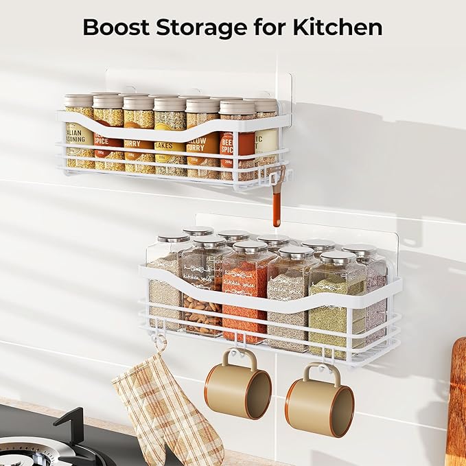 Orimade Shower Caddy Basket Shelf Storage Rack, No Drilling Wall Mounted Adhesive Rust Resistant Stainless Steel Shower Organizer with 5 Hooks for Bathroom, White 2 Pack
