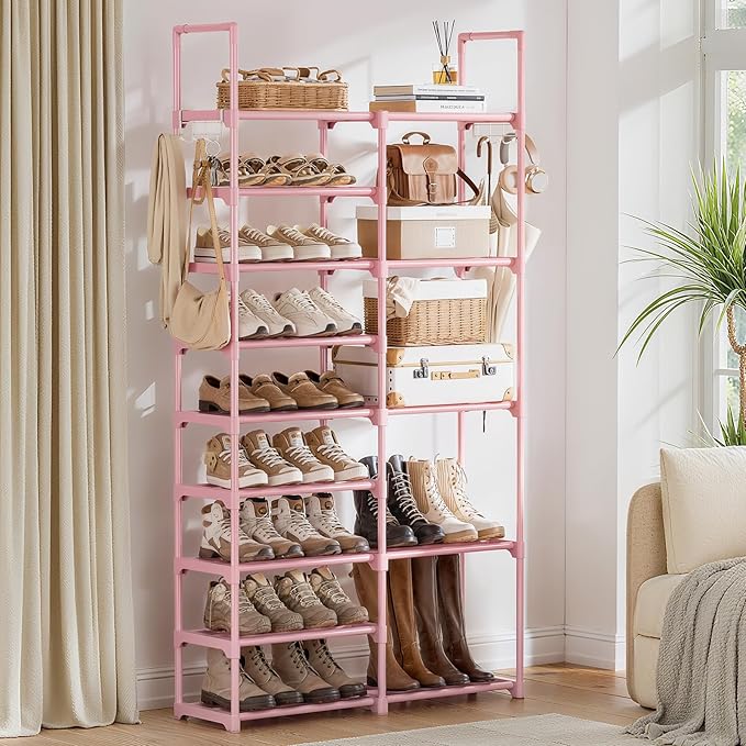 WOWLIVE 9 Tiers Large Shoe Rack White Shoe Rack Organizer for Closet 50-55 Pairs Stackable Heavy Duty Shoe Shelf Shoe Storage with Metal Pipes Plastic Pink
