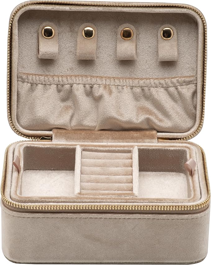 Velvet Travel Jewelry Organizer Box with Zipper Around Portable Accessory Display Tray Holder Storage Case for Multiple Earrings Rings Necklaces Bracelets (Beige)