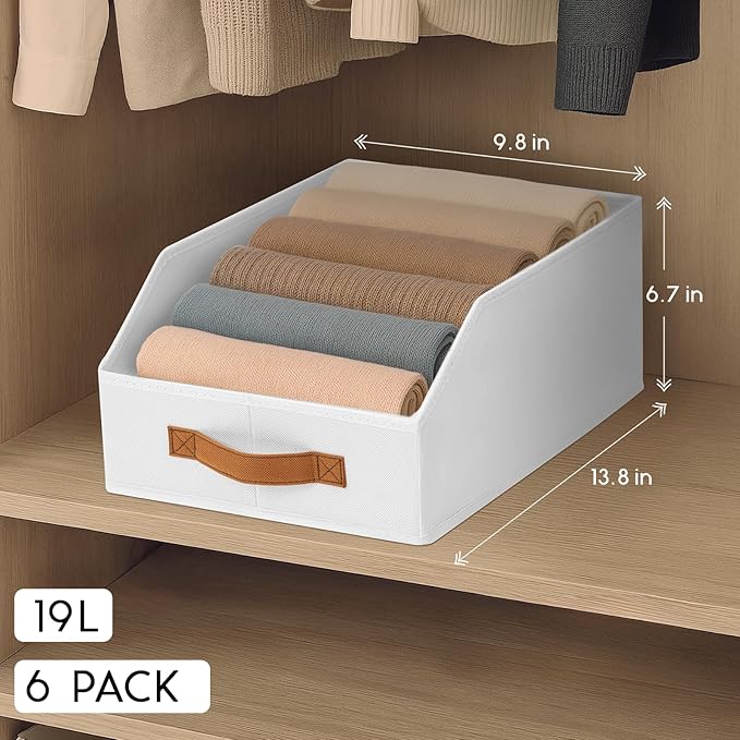 Homsorout Fabric Storage Bins for Organizing - 6 Pack Large Trapezoid Collapsible Storage Bins with Front Handle, Closet Organizers and Storage for Bedroom, Home Shelves, Small Spaces, White