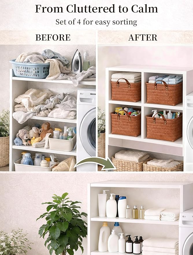 Hand Woven Baskets for Storage, 4Pcs Water-Resistant Wicker Baskets, Brown Wicker Storage Baskets for Shelves, Large Basket with Handle for Organizing, Clothes, Laundry, Blanket - Square