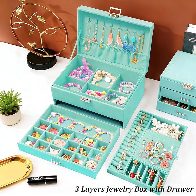QBestry 3-Layer Jewelry Box for Girls & Teens with Lock and Key, Large Jewelry Organizer with 8 Necklace Hooks & 56 Earring Holes, Teal Velvet Jewelry Storage Box for Necklaces Earrings Rings Bracelet
