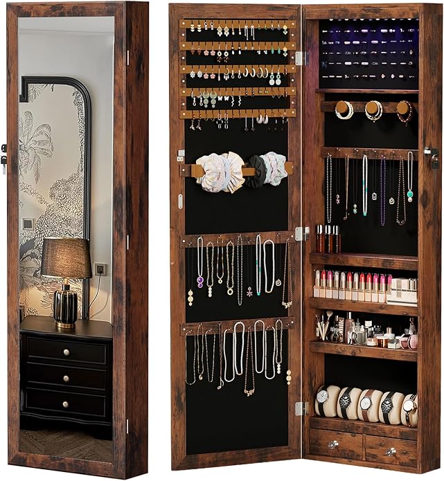 DUMOS 6 LEDs Mirror Jewelry Cabinet, Wall or Door Mounted Jewelry Organizer, 47.2-Inch Tall Lockable Large Capacity Cosmetic Storage, Gift Idea