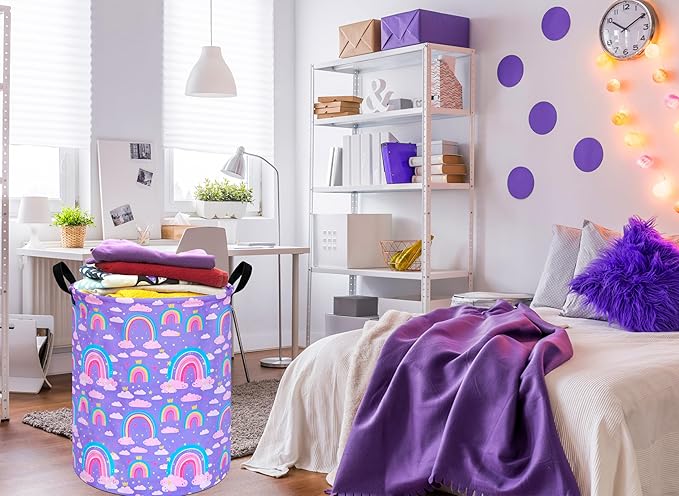 Collapsible Kids Laundry Basket Clothes Hamper, Foldable Storage Organizer Bin, Toy Clothes Storage with Handles for Boys Girls Bedroom, Room Decor Purple Rainbown