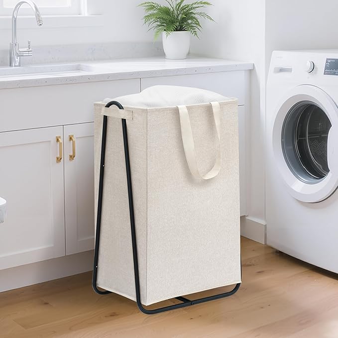 STORAGE MANIAC Laundry Hamper with Metal Rack, Large Laundry Basket with Triangle Frame, Collapsible Dirty Clothes Hamper with Handles for Dorm, College, Small Space, Closet, Bedroom, Beige