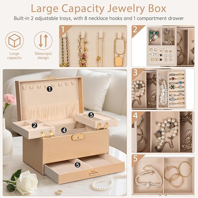 AKOZLIN Travel Jewelry Box Organizer Functional 2-trays Leather Jewelry Storage Case with Lockable Portable Drawer for Women Girls Ring Necklace Earring Bracelet