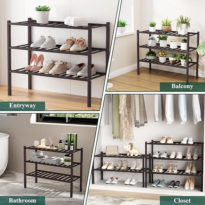 Smiry Shoe Rack, 5 Tier Small Bamboo Shoe Organizer, Stackable Free Standing Wooden Shoe Storage Shelf for Closet, Entryway, Front Door Entrance, Brown