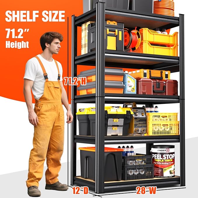 2 Pack Garage Shelving Heavy Duty Storage Shelves, Metal Adjustable Shelving Unit, Utility Garage Organizer Shelf for Basement, Pantry, Kitchen, Warehouse,12" Dx28 Wx71.2 H Black