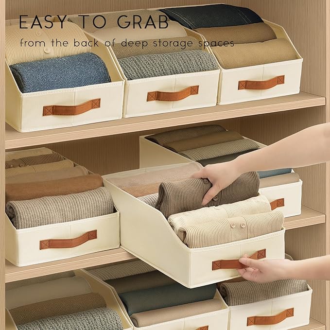 Homsorout Fabric Storage Bins for Organizing - 12 Pack Large Trapezoid Collapsible Storage Bins with Front Handle, Closet Organizers and Storage for Bedroom, Home Shelves, Small Spaces, Beige