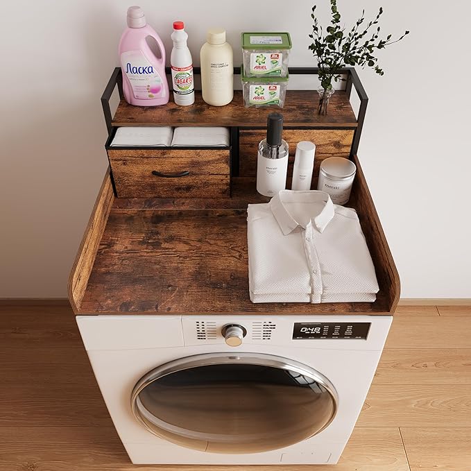 Unionly 2-Tier Washer Dryer Countertop single with shelf and fabirc drawer,laundry topper with Edge and Non-Slip Pad for Washer Dryer Laundry Hamper Counter Storage Organization (rustic brown, single)