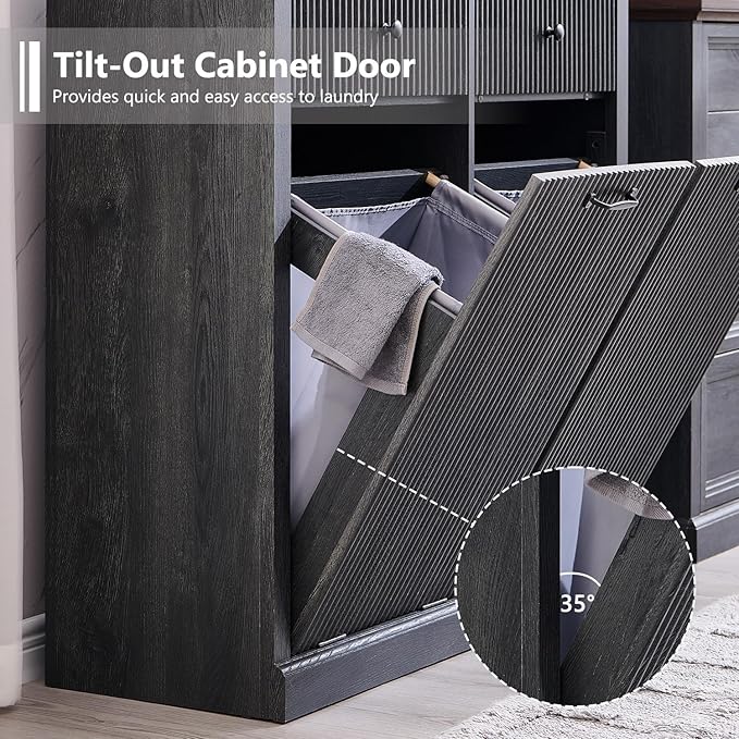 IFBUY Modern Double Tilt-Out Laundry Hamper Cabinet, 20 Gallon Fluted Trash Can Cabinet w/2 Drawers, Wooden Hidden Garbage Can Cabinets w/Laundry Basket, Free Standing for Bathroom and Kitchen, Grey