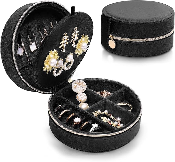 CONBOLA Travel Jewelry Case Small Jewelry Box for Women Girls,Round Velvet Jewelry Travel Organizer,Portable Jewelry Box for Rings Earrings Necklaces Bracelets.(Black,Large)