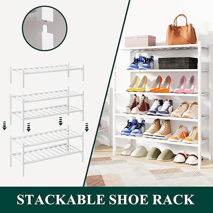 Smiry Shoe Rack, 5 Tier Long Bamboo Shoe Organizer, Stackable Free Standing Wooden Shoe Storage Shelf for Closet, Entryway, Front Door Entrance, White