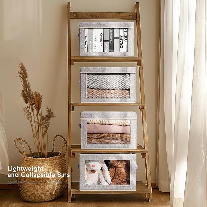 Homsorout Large Storage Baskets with Lids - Stackable Cube Bins for Closet, 6 Pack Windows Organizer Bins, Home Organizers and Storage for Clothes, CD, Towels, Light Grey