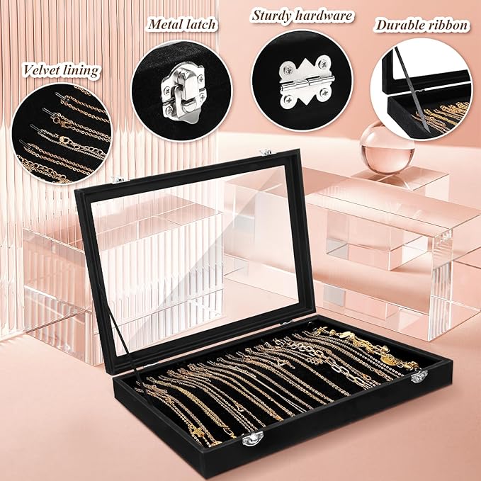 Yinkin 2 Pcs 100 Slots Ring Organizer Box with Transparent Glass Lid Necklace Display Tray Ring Case Velvet Jewelry Holder (Black)