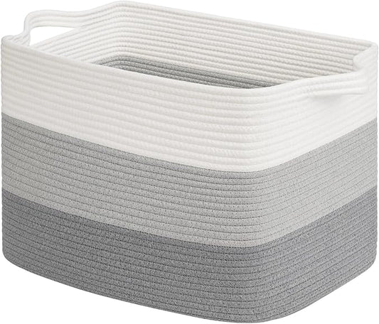Goodpick Large Woven Basket, Rectangle Rope Storage Baskets for Organizing, Blanket Basket with Handles for Living Room, Nursery, Gradient Gray, 18 x 14 x 12 Inches