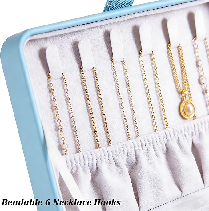 QBestry All-in-One Travel Jewelry Organizer for Women Blue | Small Jewelry Box with 68 Earring Holes | Compact Portable Jewelry Case for Earrings, Rings, Necklaces | Perfect Gifts for Mom Wife Girls