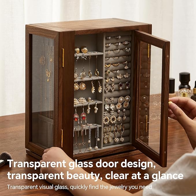 Wooden Jewelry Box for Women, 360 Rotating Design,Large Jewelry Organizer with Velvet Lining, 5 Drawers, Transparent Glass Doors, Black Walnut Wood Grain, Jewelry Storage Organizer