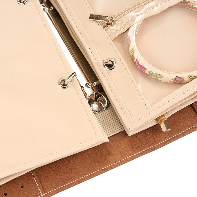 PU Leather Jewelry Binder Storage Case - Jewelry Boxes Travel Binder Organizer Book Ring Binders with Zipper Velvet Pouch Bags for Bracelet Earring Rings Necklaces - Brown