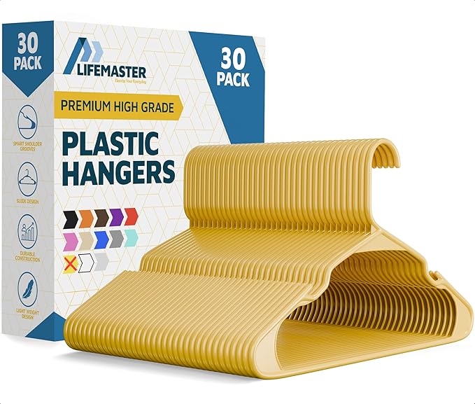 Lifemaster Plastic Clothes Hangers – Heavy Duty Hanger Set, for Organizing Clothes, Dresses, and Coat, Holds Up to 5 lbs, Space-Saving Hangers with Non-Slip Shoulder Grooves, Pack of 30, Yellow