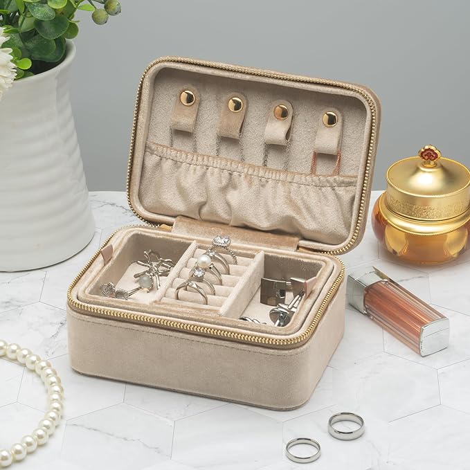 Velvet Travel Jewelry Organizer Box with Zipper Around Portable Accessory Display Tray Holder Storage Case for Multiple Earrings Rings Necklaces Bracelets (Beige)