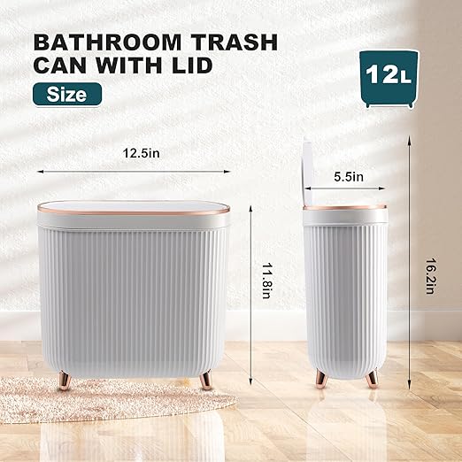 Supteron Bathroom Trash Can with Lid 3.2 Gallon Narrow Trash Can Small Plastic Trash Bin 12 Liter Rectangular Plastic Garbage Can with Press Type Lid for Bedroom Bathroom Milk White