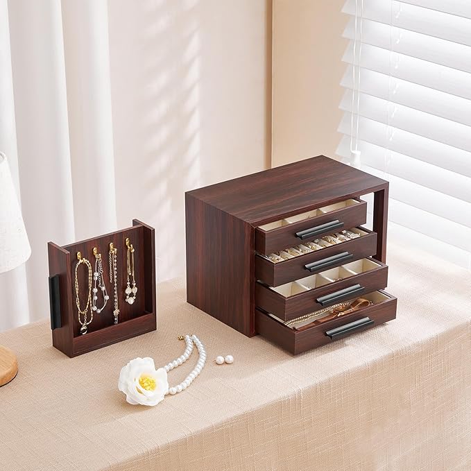 HOOBRO Jewelry Box for Women, Wooden Jewelry Organizer with Transparent Window, 4-Layer Jewelry Organizer Box, Jewelry Holder Organizer for Earrings, Necklaces, Rings, Dark Walnut and Black BRT09JB04