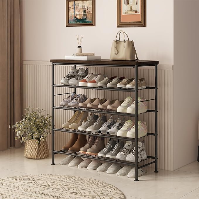 SUOERNUO Shoe Rack Organizer 5 Tier for Closet Entryway Free Standing Metal Storage Shoe Shelf with MDF Top Board，Black+Rustic Brown