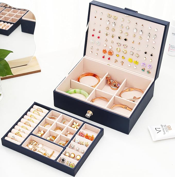 QBestry Womens Earring Jewelry Box for Girls Jewelry Earrings Organizer Box Earring Holder Organizer for Girls Jewelry Organizer Boxes for Women Girls Stud Earrings Organizers Jewelry Box Navy