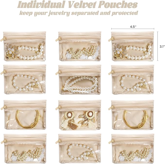 Travel Jewelry Case, Portable Jewelry Box with 6 Jewelry Bags,Travel Gift for Women Teen Girls (Pink 12 Pcs)