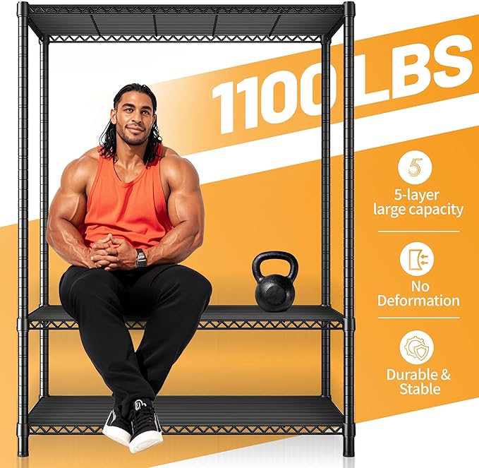 REIBII 72''H Metal shelving 5 Tire Storage Shelves for Garage Shelving Adjustable Wire Shelving Rack Heavy Duty Shelving Unit for Kitchen, Pantry, Laundry Room, Garage, Commercial, 72''H X36''W X14''D
