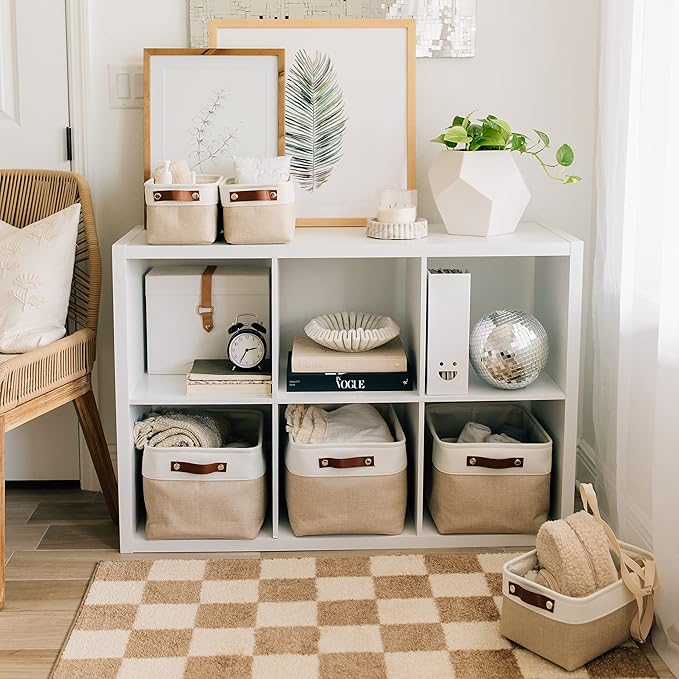 OrganiHaus Large Fabric Storage Baskets for Shelves 3 Pack, 15x11in Closet Storage Bins, Canvas Storage Bin for Organizing, Cloth Baskets, Linen Closet Organizers, Beige/Off-White