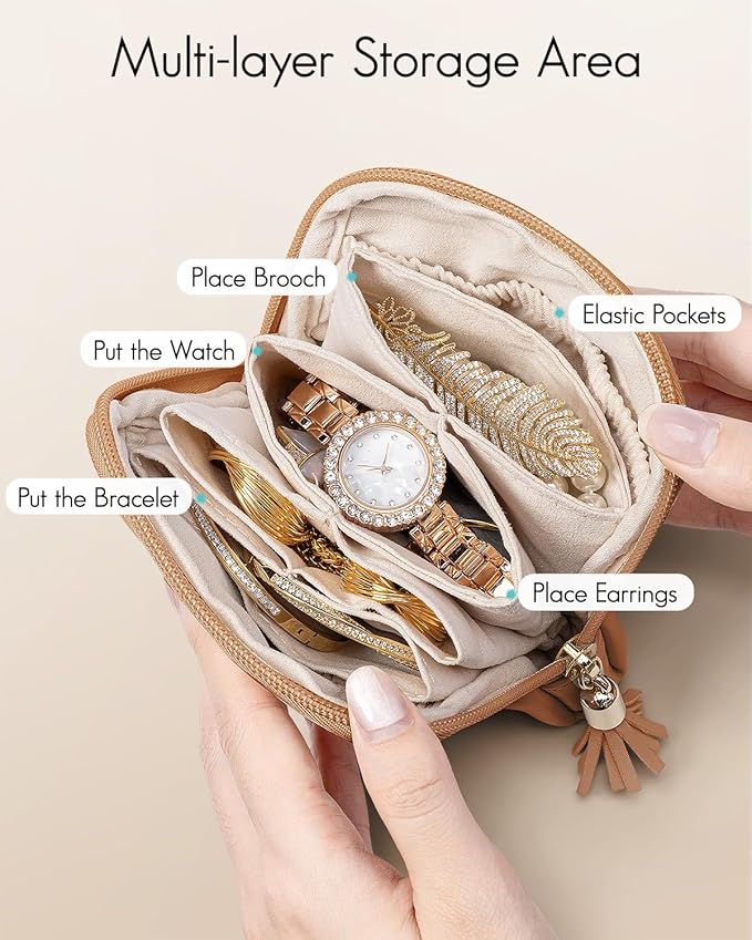VLANDO Small Travel Jewelry Case,Jewelry Pouch Bags with Zipper,Velvet Jewelry Organizer Storage Bag for Bracelet Rings Earring-Brown