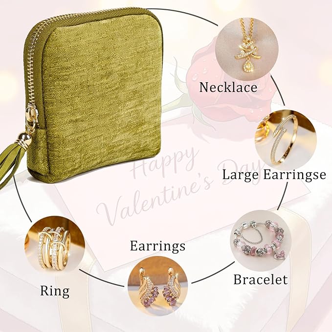 ASINGYER Travel Jewelry Storage Bag for Women, Velvet Portable Jewelry Organizer with Tassel Zipper, Small Pouches for Bracelets Necklaces Rings Earrings, Wedding Gift for Women (Green)