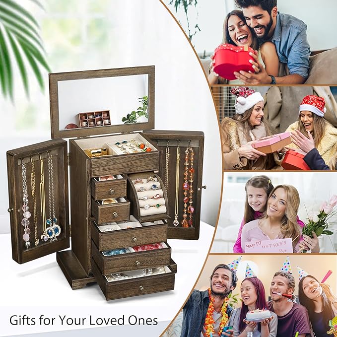 Jewelry Box for Women, Rustic Wooden Jewelry Boxes & Organizers with Mirror & Drawers,6 Layer Jewelry Organizer Box for Rings Earrings Necklaces Bracelets (Vintage)