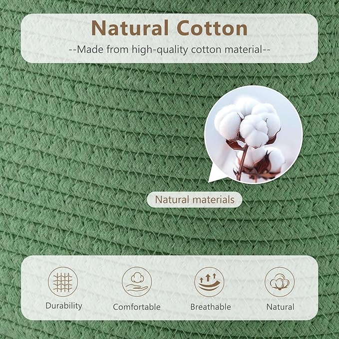 ECDYQXVU Cotton Rope Basket, Storage Baskets with Handle, 15x10x9 Inch Woven Basket for Shelves, Laundry, Towels, Clothes, Books (Green 3Pack)