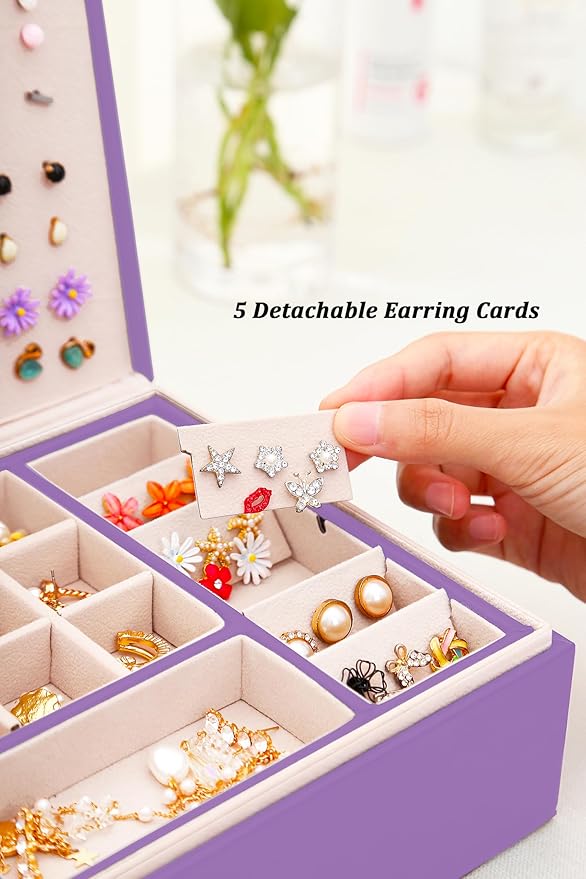 QBestry Girls Jewelry Box for Earrings Jewelry Organizer Box Teen Girls Earrings Organizer Jewelry Box with Earring Holder Organizer Stud Earring Box for Girls Womens Jewelry Case Organizer Purple