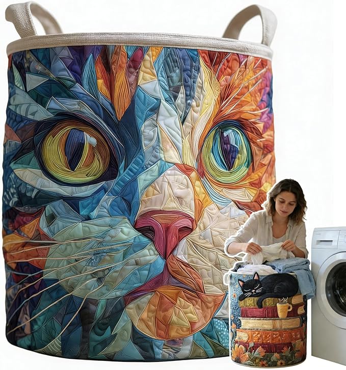 Cat Quilted Laundry Basket - 18"/22"/28", 2026 Large Quilted Cat Laundry Basket with Handles, Cozy Cat Fabric Storage Hamper for Nursery, Bedroom, Laundry Room, Clothes & Toys (7, M 16"X22")