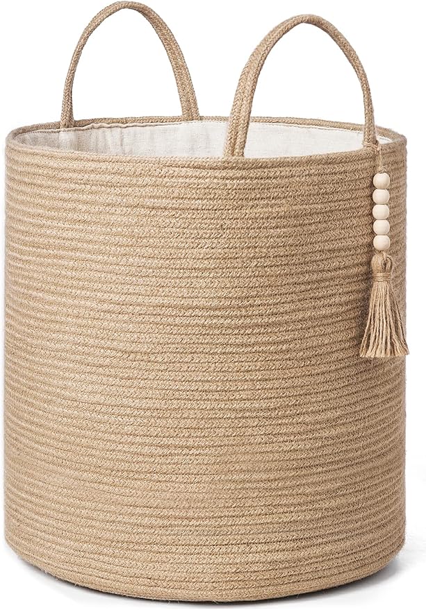 Mkono Tall Wicker Laundry Basket Woven Storage Basket Decorative Natural Rope Basket Wooden Bead Decoration for Blankets,Toys,Clothes,Shoes,Plant Organizer Bin with Handles Living Room 15"Wx17.7"L