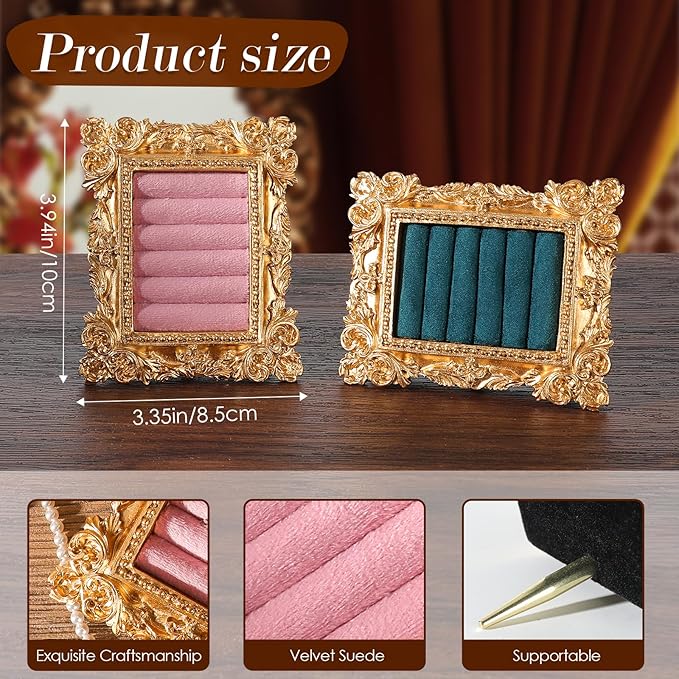 Vintage Ring Holder Rectangle Gold Velvet Display Stand - Baroque Jewelry Organizer Box Tray for Wedding Engagement Anniversary Women Birthday Christmas Gift Photograph Prop (MPF05-Gold Pink)