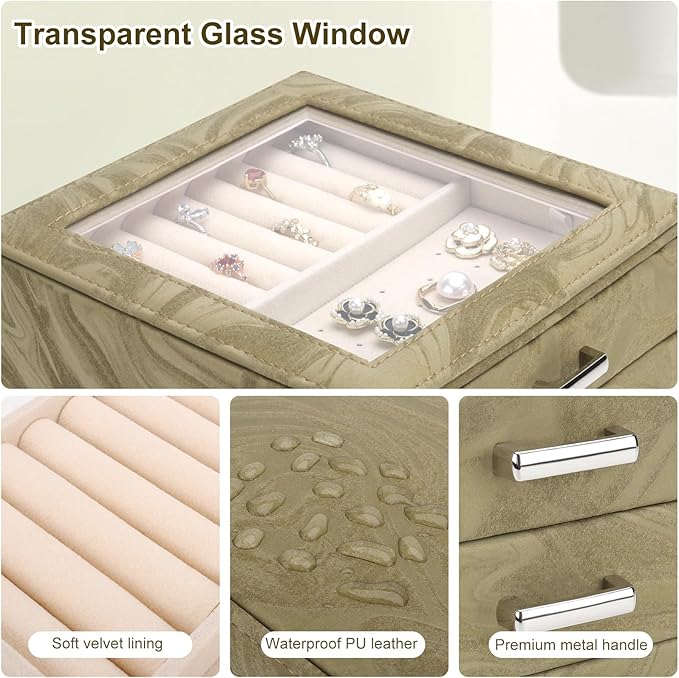 DesignSter Jewelry Box Organizer, Jewelry Box for Women, PU Jewelry Organizer Display Case with Side Drawers, Jewelry Storage for Earring Necklace Ring Bracelet Watch
