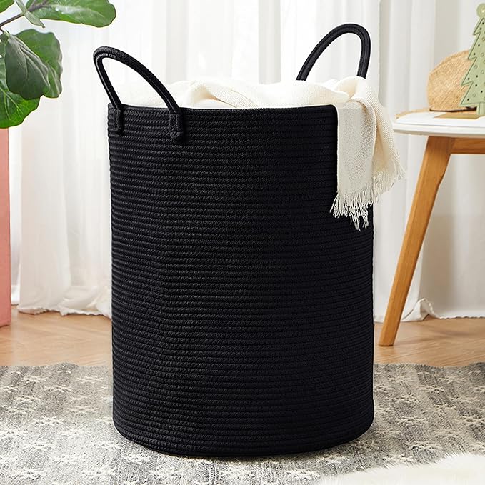 60L Black Woven Cotton Rope Laundry Hamper Basket for Clothes Tall Modern Blanket Storage Basket in Living Room Bedroom 15Dx20H inches